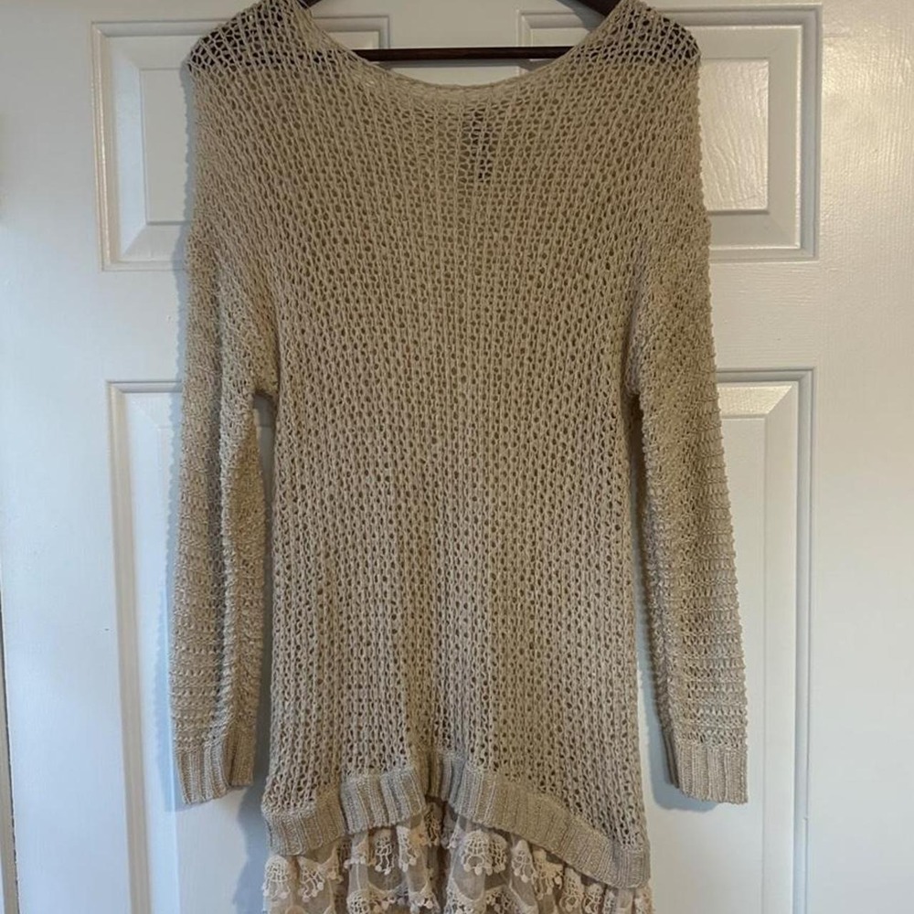 Entro cream crochet sweater dress with lace trim, size M